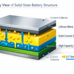 Solid-state battery cross-section diagram showing layers of anode, solid electrolyte, and cathode