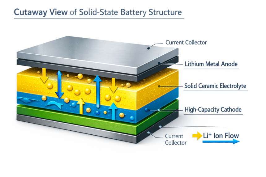 Solid-state battery cross-section diagram showing layers of anode, solid electrolyte, and cathode