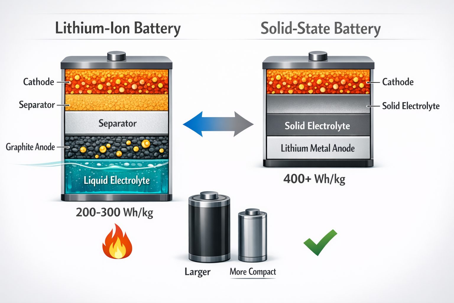 Infographic comparing lithium-ion battery structure with solid-state battery structure