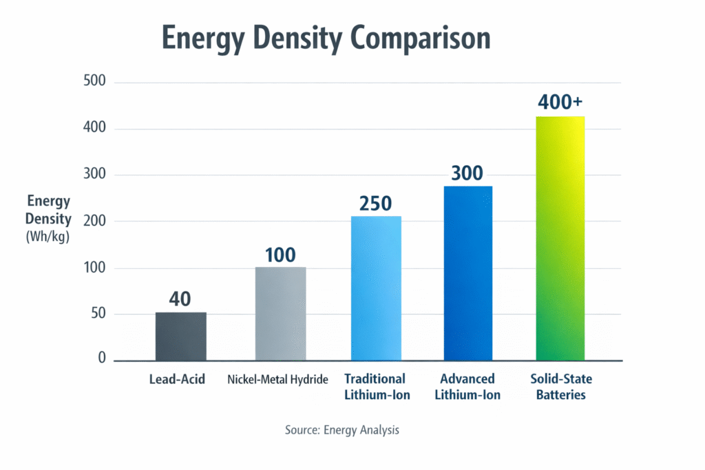 Bar chart showing energy density comparison of battery technologies with solid-state batteries achieving highest density
