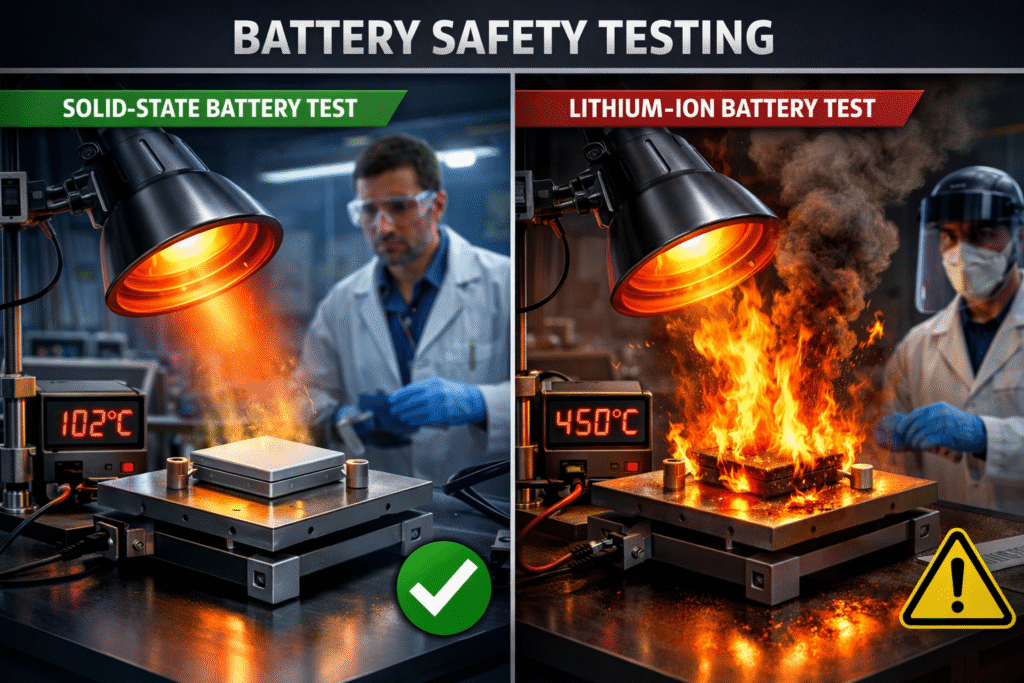 Side-by-side thermal safety test comparing solid-state and lithium-ion batteries under heat stress
