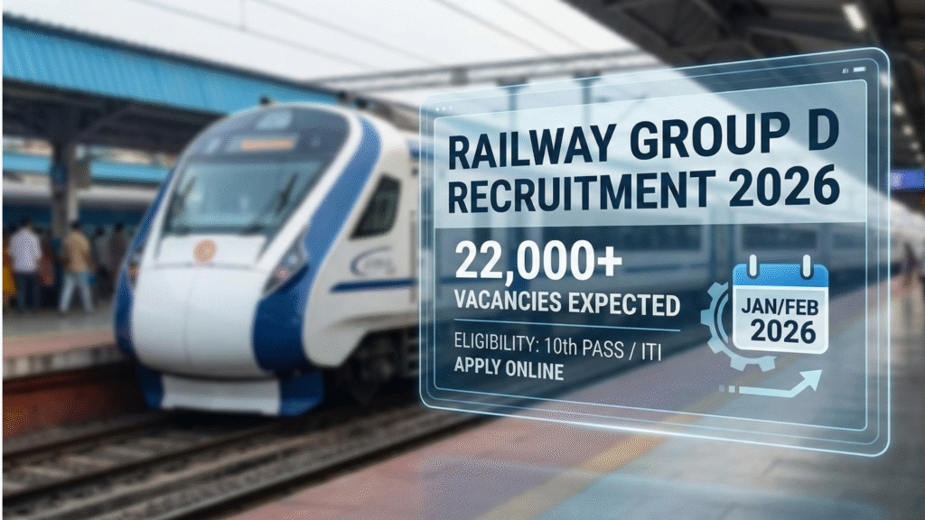 An infographic graphic with a blurred background of a modern Indian train at a station platform. The main visual is a holographic display with the bold text "RAILWAY GROUP D RECRUITMENT 2026". Below it, it reads "22,000+ VACANCIES EXPECTED" and includes a calendar icon marked "JAN/FEB 2026". Further text indicates "ELIGIBILITY: 10th PASS / ITI" and "APPLY ONLINE". The website name "DigitalNewsReporting.com" is in the bottom right corner.