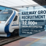 An infographic graphic with a blurred background of a modern Indian train at a station platform. The main visual is a holographic display with the bold text "RAILWAY GROUP D RECRUITMENT 2026". Below it, it reads "22,000+ VACANCIES EXPECTED" and includes a calendar icon marked "JAN/FEB 2026". Further text indicates "ELIGIBILITY: 10th PASS / ITI" and "APPLY ONLINE". The website name "DigitalNewsReporting.com" is in the bottom right corner.