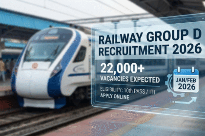 An infographic graphic with a blurred background of a modern Indian train at a station platform. The main visual is a holographic display with the bold text "RAILWAY GROUP D RECRUITMENT 2026". Below it, it reads "22,000+ VACANCIES EXPECTED" and includes a calendar icon marked "JAN/FEB 2026". Further text indicates "ELIGIBILITY: 10th PASS / ITI" and "APPLY ONLINE". The website name "DigitalNewsReporting.com" is in the bottom right corner.